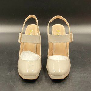 YDN beige patent leather almond toe platform chunky high heels ankle strap shoes